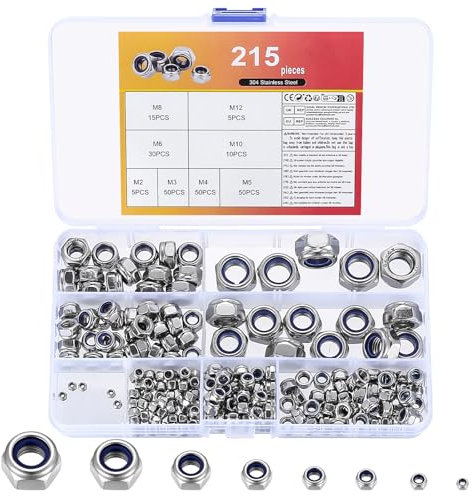 215 Pz Dadi Autobloccanti per Bulloni, Dado Esagonale, Dadi Esagonali con Inserti in Nylon, Kit Assortimento Dado Bloccaggio per Viti Filettati Barre Filettate, M2 M3 M4 M5 M6 M8 M10 M12