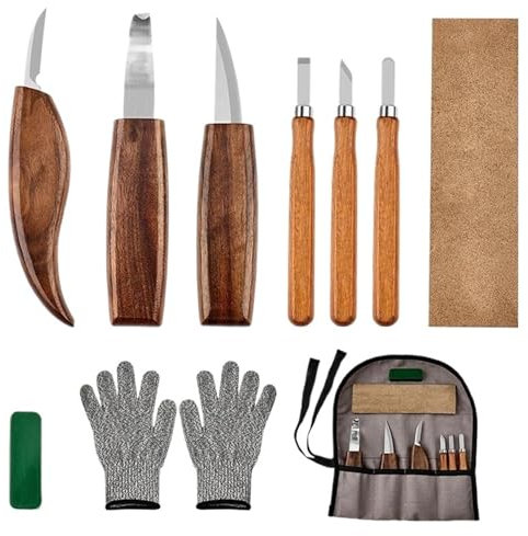 QAUUCP Schnitzset 10-teiliges Holzschnitzwerkzeug-Set mit Detail, Holzschnitzmesser, Holzmeißel, Messer, Handschuhe, Schnitzmesser, Spitzer, Holzbearbeitungswerkzeuge