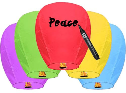 5 Packs Chinese Lantern, Biodegradable Memorial Fire Resistant Paper Wishing Lanterns to Release in Sky for Parties and Festivals, Flying Fire Lanterns, Multi-Colour, Floating Sky Lanterns
