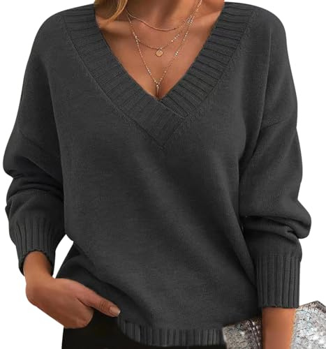 Jersey Cuello V Mujer Jerséis Mujer Pullover Sweater Women Sueter Punto Mujer Manga Larga Invierno Primavera Jerseys Mujeres Jersey de Cuello Pico Oversize Punto Señora Suéter Tejido para Mujer Gris L