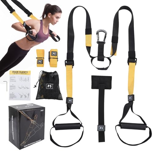 Schlingentrainer für ein Ganzkörpertraining für Home Gym Der Sling trainer wird mit einer eigenen Netztasche zur Aufbewahrung und einer Anleitung für das Training zu Hause geliefert (Gelb)
