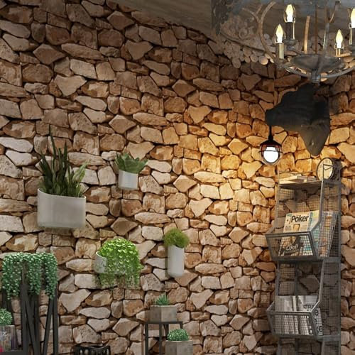 Beswitory Brown Stone Wallpaper - 3D Effect Textured Stone Effect Wallpaper for Realistic Faux Stones Wall Covering，Anti-Fouling Slate for Bedroom Living Room Hallway Stairs Lounge