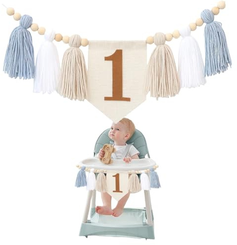 GlamRays Boho 1. Geburtstag Hochstuhl Banner Partydeko für Mädchen und Jungen Baby Dusche Wandaufhänge Dekoration für Kinderzimmer (Blau Weißem)
