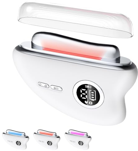 Masajeador EMS GuaSha con Frío y Calor, Masajeador Facial Electrico Reafirmante con Luz Azul Violeta Roja para Antiarrugas Lifting Anti-envejecimiento (Blanca)