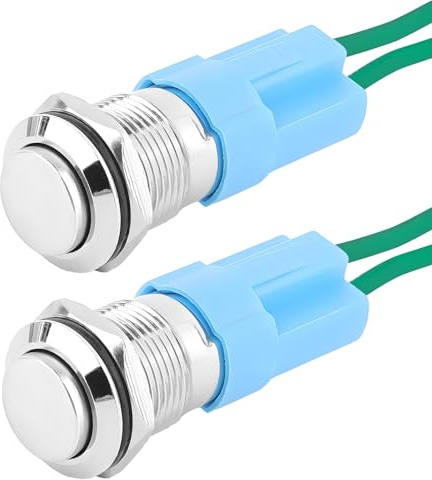 12mm Wasserdicht Schalter 2 Stück, 2A 12V Wasserdichter Drucktastenschalter mit 20cm Anschlusskabel Selbstverriegelung Edelstahl Drucktaster 12V/230V für Hupen Autoklingeln Autos (Überstehend)