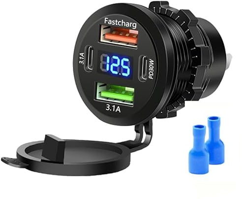 12V USB Steckdose Auto Ladegerät Multi Port, Dual USB Port und PD USB-C Buchse mit Voltmeter Schalter für Auto Boot Marine LKW, schnelles Aufladen für Android Handy