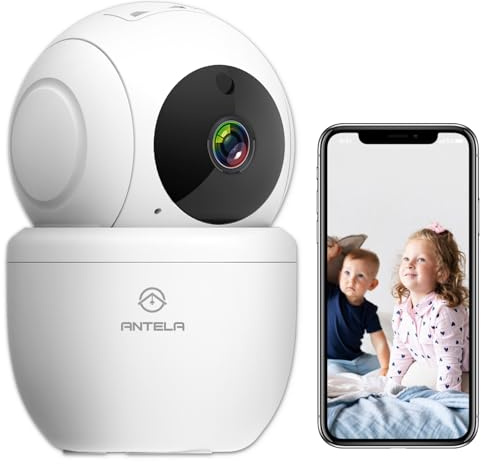 ANTELA Cámara de seguridad WiFi 1080P, audio bidireccional, 355°/80° gran angular, visión nocturna, detección de movimiento, compatible con Alexa/Google Home