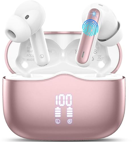 Auriculares Inalambricos Bluetooth, Auriculares Bluetooth 5.4 con Reducción de Ruido 4 Mic, 40H Cascos Inalambricos con HiFi Estéreo, Pantalla LED, IP7 Impermeable, Carga Rápida, Ajuste Cómodo, Rosa