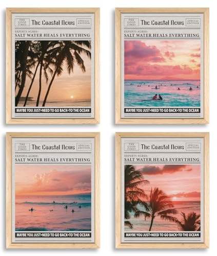 PRESSINART 4 Piezas 4 Estilos Póster de Periódico de Playa Revista Costera Arte de Pared Tropical del Océano Playa Impresa para Dormitorio Moderno Sala de Estar Casa de Vacaciones Salón Decoración de