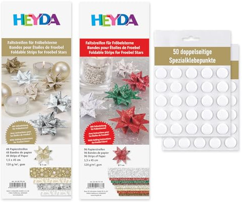 Heyda Faltstreifen für Fröbelsterne – 2er Set - bunt 96 Streifen 1,5x45cm + gold-silber 48 Streifen 1,5x45cm - für insgesamt 36 Sterne - inklusive 50 Klebepunkte