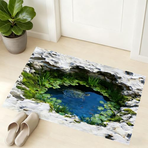 VTKON 3D Pond Illusion Rug 2'x3' for Kitchen Bathroom Entryway 3D Mossy Rock Visual Trap Print Floor Mat Realistic Rock Hole Area Rug Non-Slip Optical Illusion Tortoise Throw Rug for Home Decor
