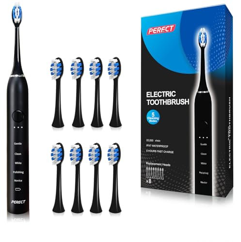 PERECT Ultrasonic Electric Toothbrush Adults with 8 Brush Heads, 5 Modes Electric Toothbrush, Travel Rechargeable Power Toothbrush with Smart Timer &Travel Case & Soft Picks, IPX7 Waterproof, Black