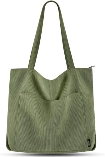 Prite Handtasche Damen Tote Bag Shopper Groß Umhängetasche Cord Beuteltasche Stofftasche für College Schule Arbeit Reisen Einkaufen (Grün)