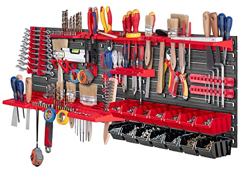 KADAX Scaffale da officina, 116 x 39 cm, in plastica robusta, sistema di stoccaggio resistente ai raggi UV, pannelli da parete espandibili, officina o giardino (rosso e nero, 39 pezzi