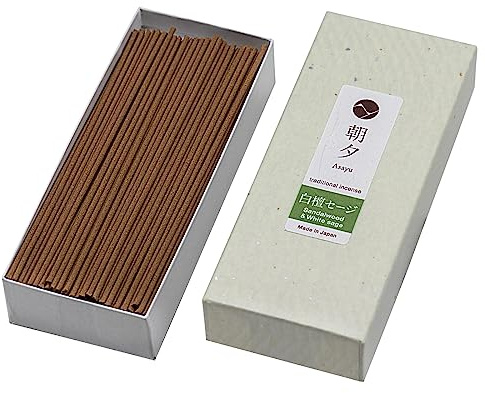 Asayu Japan Traditionelle Räucherstäbchen Sandelholz & White Sage Duft (40g) für die morgendliche Meditation, Entspannung oder Yoga, Hergestellt in Japan - Sandelholz & White Sage Mischung