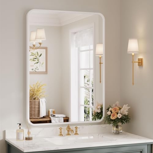 Dripex Rectangular Wall Mirror, Curved Corners, 55 x 75 cm, White | Aluminium Alloy Frame, HD Tempered Glass, Pre-Fitted Hooks & Fixing Kit, Wall Mount or Lean in Bathroom, Bedroom & Hallway
