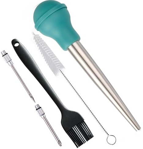 IFFMYJB Turkey Baster Set 5, 18/8 Stainless Steel Turkey Baster Syringe for Cooking, Meat Injector Baster Set&2 Needles&2 Cleaning Basting Brush, Baster for Flavor Meat Poultry, Beef&Chicken Ect Teal