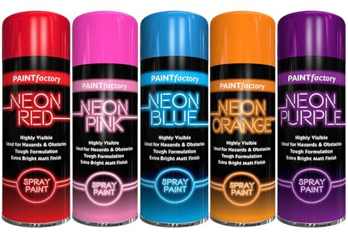 AlezyB 5 Mix Cans Fluorescent Neon Spray Paint Multipurpose Aerosol DIY Graffiti (Banksey) N0 CFCs Extra Bright Assorted Colours Paint Blue Green Orange Pink Yellow Red Purple 200ml - A5