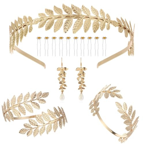 TOFBS Set di Gioielli per Donna Foglia di Alloro Sposa d'Onore Tiara Greca Dea Corona Romana con Braccialetto Braccio Pendant Orecchini Ipoallergenici Jewelry Set