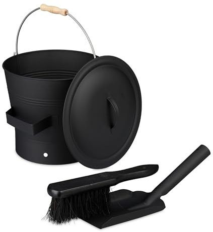 Relaxdays Secchio Raccogli Cenere con Coperchio, Cestello 7,5 L con Scopa e Paletta da Camino, in Legno e Ferro, Nero