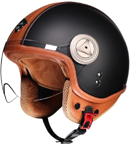 WZGGTEAM Jethelm mit Visier, Retro Leder Halbschalenhelm DOT/ECE 22.05 Zertifiziert Motorradhelm, Roller Helm Jet Helm Mopedhelm Herren und Damen, Open Face Helm Vintage