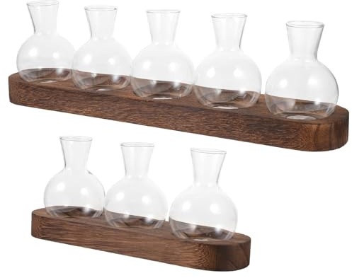 VANZACK Hydroponic Glass Vase with Wooden Base for Desktop Decor 1 Set Planter for Office and Living Room for Greenery Display and Plant Propagation