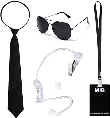 Graplan 5 Stück Security Men in Black Mib Agent Kostüm Zubehör, Geheimdienst Kostüm Set, Spion Kostüm mit Schwarzer Sonnenbrille Zip Krawatte Hörer ID Karte für Männer Frauen Kinder