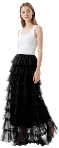 Jupe en tulle à queue d'aronde pour femme - Taille haute - Plissée - Demi-jupe en tulle - Jupe haute et profonde - Jupe sexy - Longueur au sol - Tutu - Ballet - Mariage - Soirée, Noir , taille unique