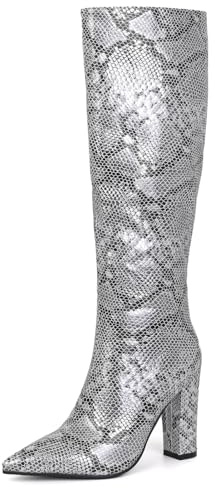 Ceciloroda Femmes's Knee Bottes Hautes Slouchy Ruched Wide Calf Fall Chaussures Bout Pointu Pull On Dressy Bottes Block High Heel Confort Silver Size 38