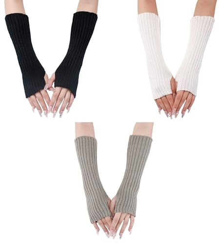 Lauthen.S 3 Pairs Women Long Fingerless Gloves Knit Winter Arm Warmers Thumb Hole Stretchy Gloves Harajuku Y2k Arm covers(Classic Colors)