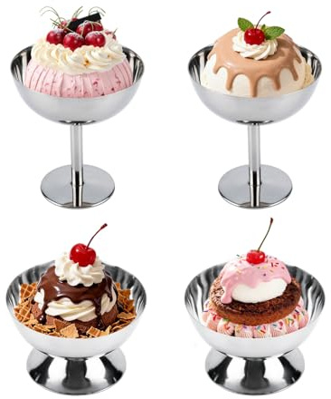 Tomotato Glasskål, 207 ml rostfritt stål glasskopp efterrättskoppar liten söt silver Sundae-skål (4, hög + kort)