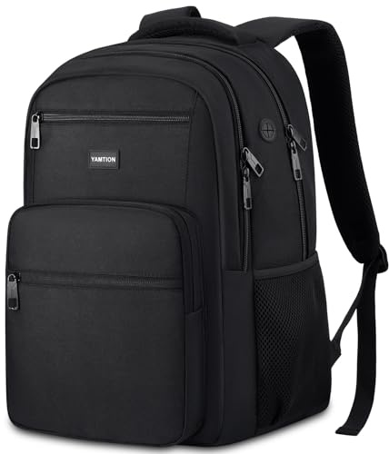 YAMTION Laptop-ryggsäck för män och kvinnor, svart ryggsäck, skolryggsäck för pojkar och flickor, bokväska, arbetsryggsäck med USB-laddningsport passar 15,6 tums bärbar dator och anteckningsbok