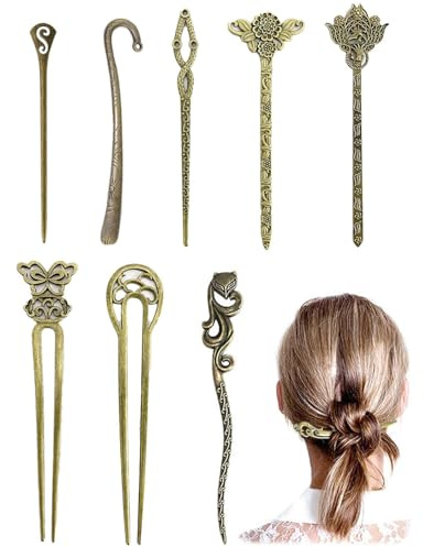DAFNE 8 Piezas Palillos de Metal para el Pelo, Horquillas de Pelo Elegante Vintage, Palillos para el Pelo para Mujeres Niñas, Clips de Pelo Accesorios para el Cabello Chino Retro