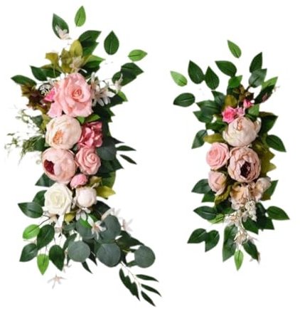 FewNvWa 2 Pezzi Arco Nuziale di Seta Decorazione Da Parete con Foglie Artificiali Materiale PP Disposizione Dei Fiori Rose di Schiuma per Cerimoni, Bianco Rosa