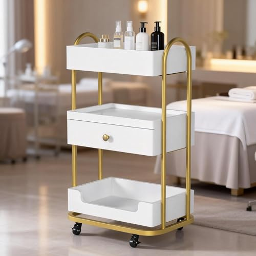 Bonnlo Friseurwagen Salon Trolley Rollwagen Servierwagen mit 4 Rollen 360° & 3 offene Ablagen & Schubladen, für Barber Pub/Salon/SPA, aus MDF 46x31.5x81.5 cm Weiß-Gold (Weiß, 46x31.5x81.5 cm)