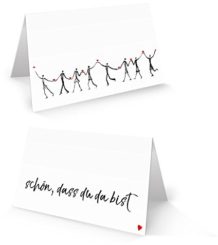 Logbuch-Verlag 50 weiß schwarze Tischkarten SCHÖN DASS DU DA BIST Herzmensch Sitzkarten Hochzeit Deko Namensschilder rot Herz