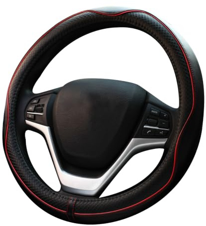 Rueesh Funda de Cuero de Microfibra para Volante de Coche, Acolchado Suave, Duradera, sin Olor, Funda Universal de 15 Pulgadas, patrón de Relieve Antideslizante, Color Negro con línea roja