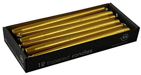 Kurze Spitzkerzen - Metallic Farbe: Gold - Länge 25cm / Ø 2,3cm - 12 Stück im Pack - Hohe Brenndauer (8 Stunden) & Einwandfreies Brennverhalten - Altarkerzen/Leuchterkerzen