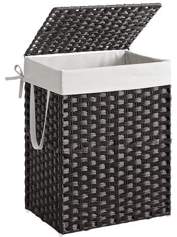SONGMICS Wäschekorb, Wäschesammler 90 L, Wäschebox aus synthetischem Rattan, mit Deckel und Griffen, geflochten, faltbar, herausnehmbarer Wäschesack, tintenschwarz LCB51BK