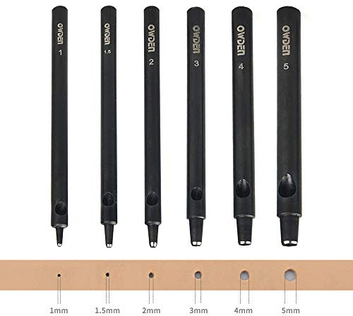 OWDEN Professionelles Lochstanzer-Set aus Leder, Größe 1,0–5,0 mm, Schwarz, Stahl, manuell, 6 Löcher, inklusive Mini-Schneidematte, 6-teilig