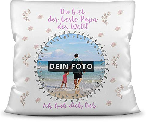 Print Royal Kissen mit eigenem Bild und Namen für den Papa - Rosa/Foto-Collage als Geschenkidee/Zier-Kissen/Deko-Kissen/Weiß inkl. Füllung