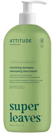 ATTITUDE Nourishing Hair Shampoo, EWG Verified, For Dry and Damaged Hair, Naturally Derived Ingredients, Vegan and Plant Based, Grapeseed Oil and Olive Leaves, 32 Fl Oz