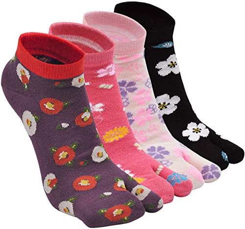 ZFSOCK Tabi Strumpor Damer Flip Flop Två Tåstrumpor Bomull Kort Flerfärgad Roligt Japansk Stil Sakura Mönster, Storlek 35-41, 4 Par