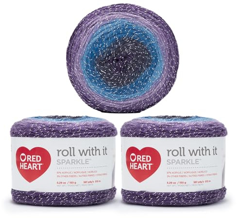 Red Heart Roll with It Sparkle Garn, Acrylmischung, Stärke 4 (Medium/Worsted), 513 m, Stricken/Häkeln, Blau/Lila (Amethyst), 3er-Pack à 150 g