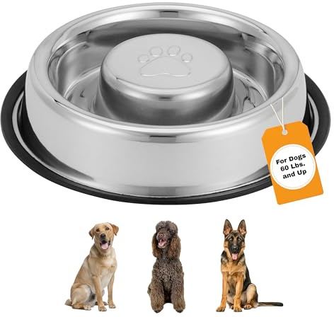Neater Pet Brands Stainless Steel Slow Feed Bowl - Non-Tip & Non-Skid - Stops Dog Food Gulping, Bloat, Indigestion, and Rapid Eating (5 Cup)
