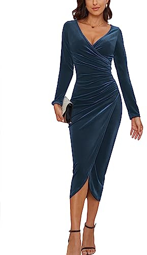 CYiNu Women's V Neck Wrap Velvet Long Sleeve Elegant Bodycon Ruched Cocktail Party Maxi Dress(Blue,M)