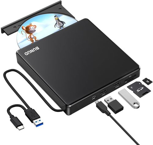 BUNUD Lecteur CD/DVD Externe pour PC: USB 3.0 Type-C Lecteur CD Externe avec 2 USB et Fente SD/TF - Portable Lecteur Graveur CD DVD Externe pour PC Mac MacBook Pro Air Windows 11/10 Apple iMac Laptop