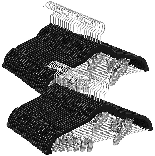 SONGMICS 50-Pack Pants Hangers, 16.7-Inch Long Velvet Hangers with Adjustable Clips, Heavy-Duty, Non-Slip Skirt Hangers, Space-Saving for Pants, Skirts, Coats, Dresses, Black UCRF012B50