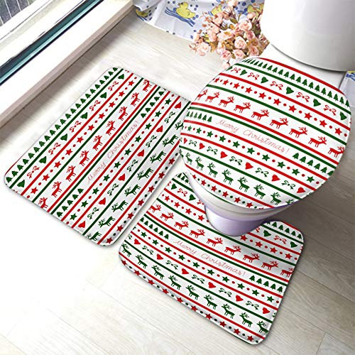 rutschfeste 3 Badteppich Set Frohe Weihnachten Rentier Stern Jingle Bell Polka Dots Baum 3-Teiliges Badteppich-Set Waschbar Anti-Rutsch Badgarnitur Badematten, Für Wohnzimmer, Badezimmer