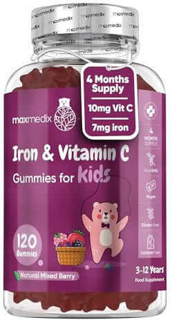 Ferro Integratore + Vitamina C Bambini, 120 Gommose Vegane ai Frutti di Bosco con Vit C (4 Mesi di Fornitura) Adatte dai 3 ai 12 Anni, Integratore Ferro con Vitamine Bambini Gommose, Senza Glutine